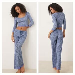 Free People Stolen Dance Floral Print Sleep Set Pajamas in Blue NWT